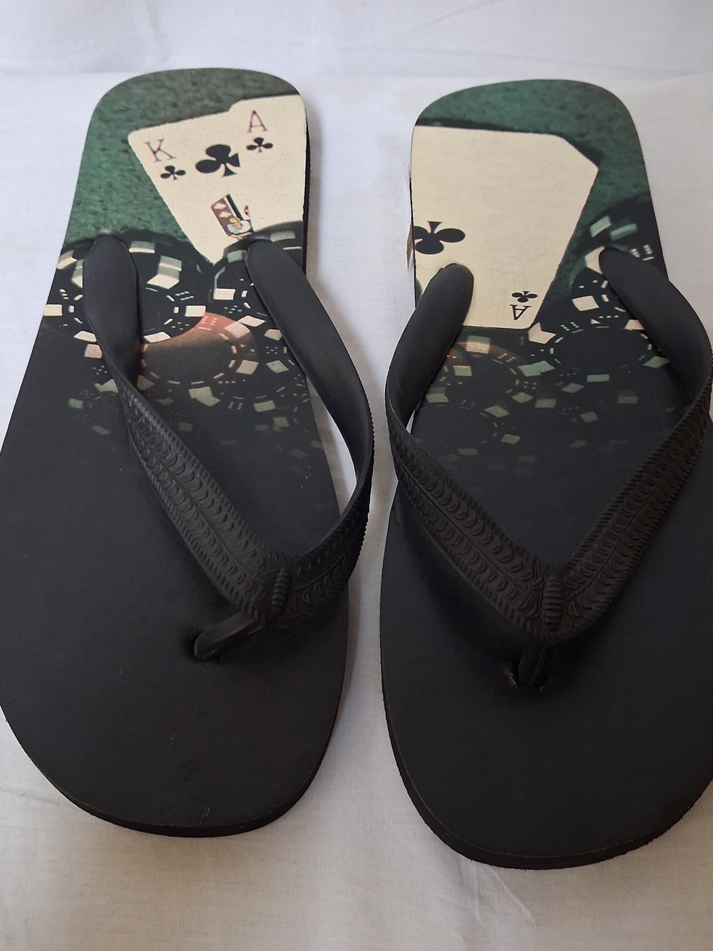 Men's Black Flip-Flop Sandals with Playing Card Print